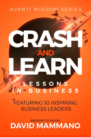 Book cover for Crash and Learn: Lessons in Business by David Mammano, part of Avanti Wisdom Series, featuring 10 inspiring business leaders