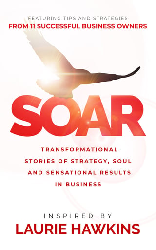 Book cover for SOAR featuring tips from 11 successful business owners, inspired by Laurie Hawkins, with an eagle silhouette in the background