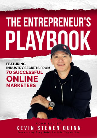 Book cover for The Entrepreneurs Playbook by Kevin Steven Quinn, featuring secrets from 70 successful online marketers with a man in black hoodie and cap