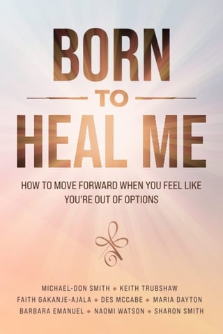 Book cover for Born to Heal Me with gradient background and author names listed at bottom