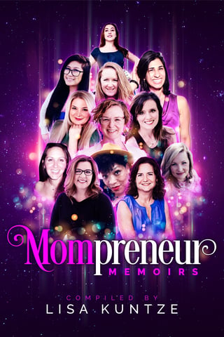 Mompreneur Memoirs book cover featuring group of women with purple glowing background, compiled by Lisa Kuntze