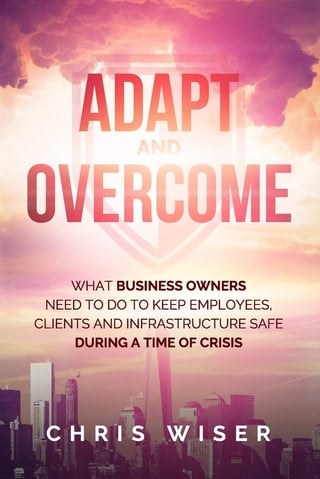 Book cover for Adapt and Overcome by Chris Wiser with dramatic pink sky and city skyline, subtitle about business crisis management