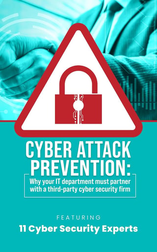 Red warning triangle with padlock icon above text about cyber attack prevention and IT security partnerships